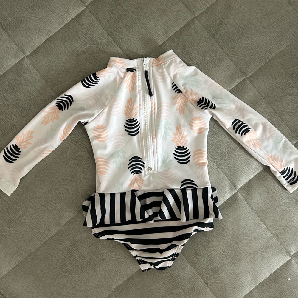Striped and Leaf Print One-Piece, Long Sleeve Swimsuit